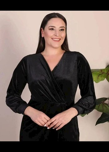 Siyah Drapeli V Yaka Uzun Kollu Elbise-3xl beden - Görsel 7