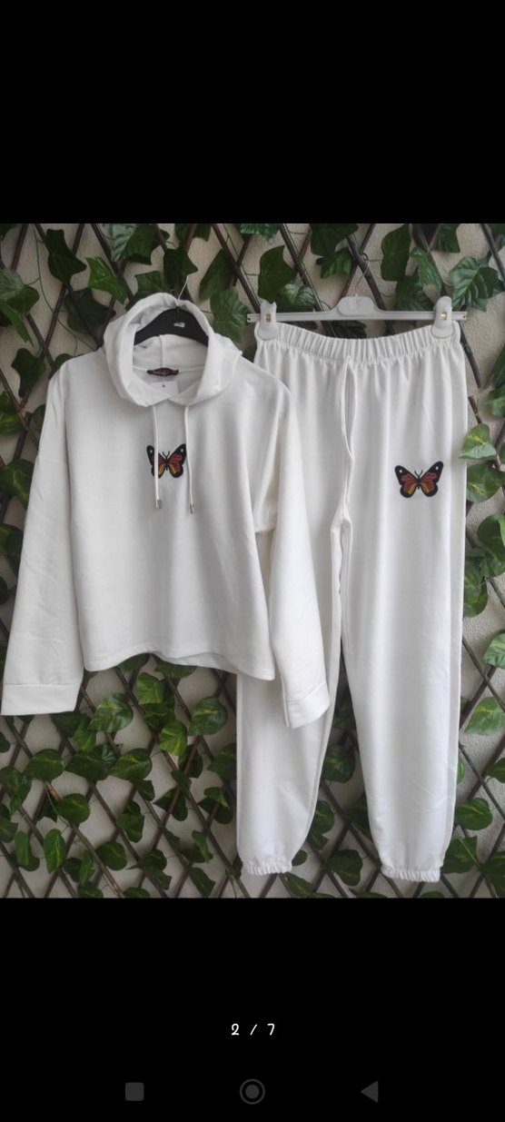Beyaz Kelebek Baskılı Kapüşonlu Eşofman Takımı - Görsel 2