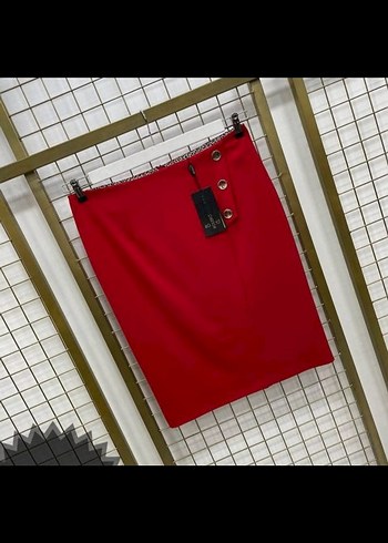 buyuk beden Düğmeli Kırmızı Mini Kalem Etek - Görsel 2