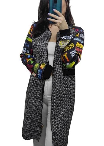 Renkli Desenli Kapüşonlu Kadın Uzun Ceket - Görsel 7