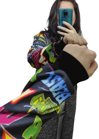 Renkli Desenli Kapüşonlu Kadın Uzun Ceket - Görsel 6