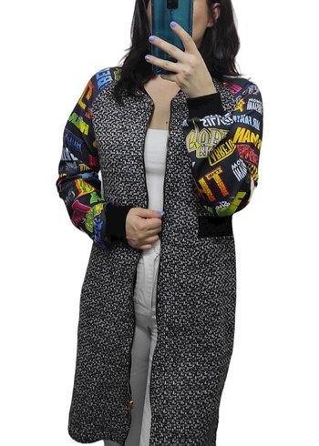 Renkli Desenli Kapüşonlu Uzun Kadın Ceket - Görsel 2