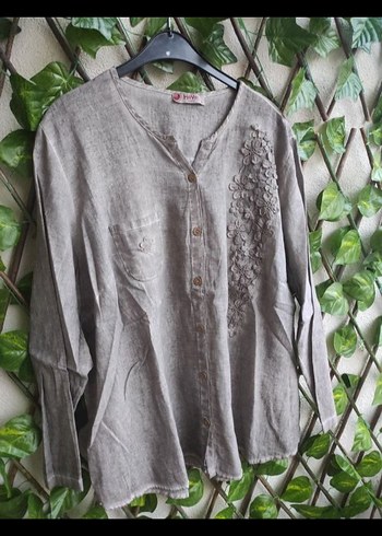 Nakışlı V Yaka Düğmeli Keten Gömlek - Görsel 3