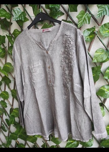 Nakışlı V Yaka Düğmeli Keten Gömlek - Görsel 7