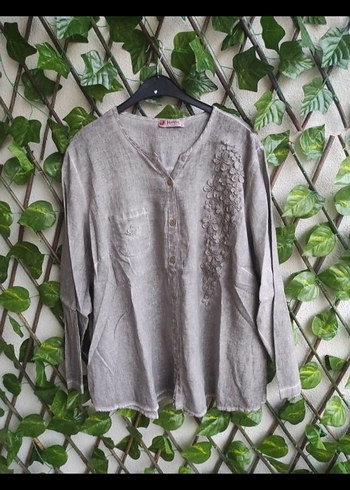 Nakışlı V Yaka Düğmeli Keten Gömlek - Görsel 4