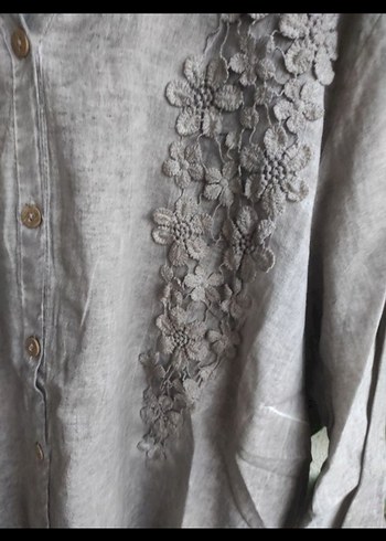 Nakışlı V Yaka Düğmeli Keten Gömlek - Görsel 6