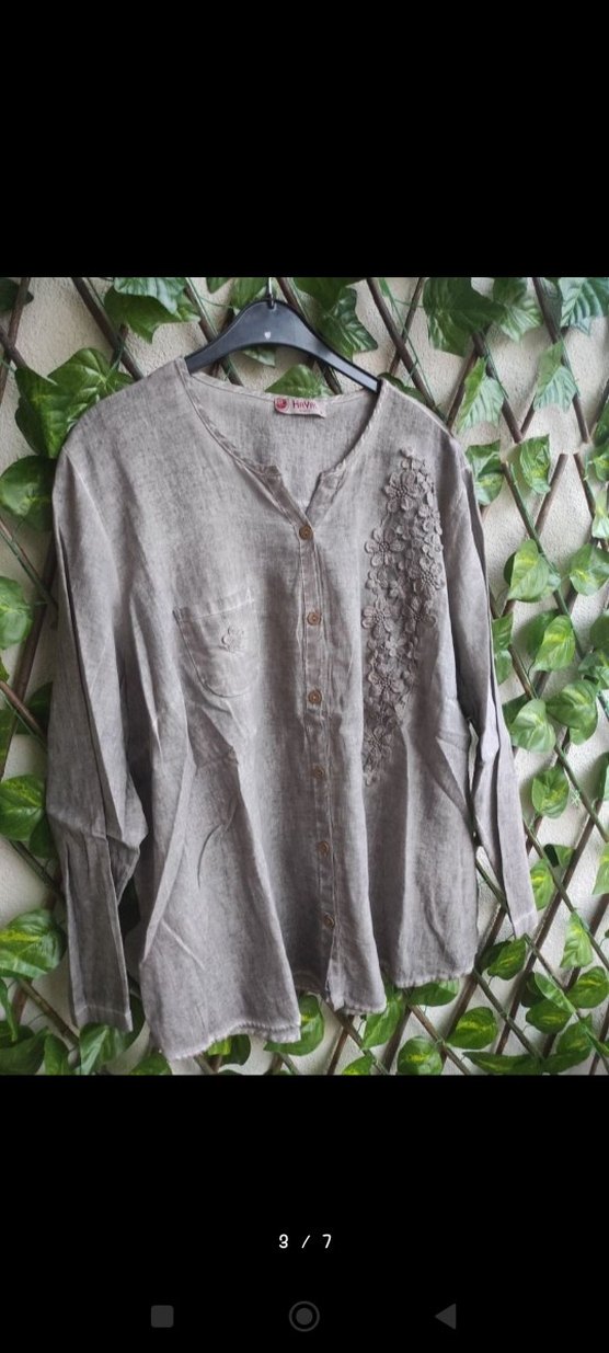 Nakışlı V Yaka Düğmeli Keten Gömlek - Görsel 3