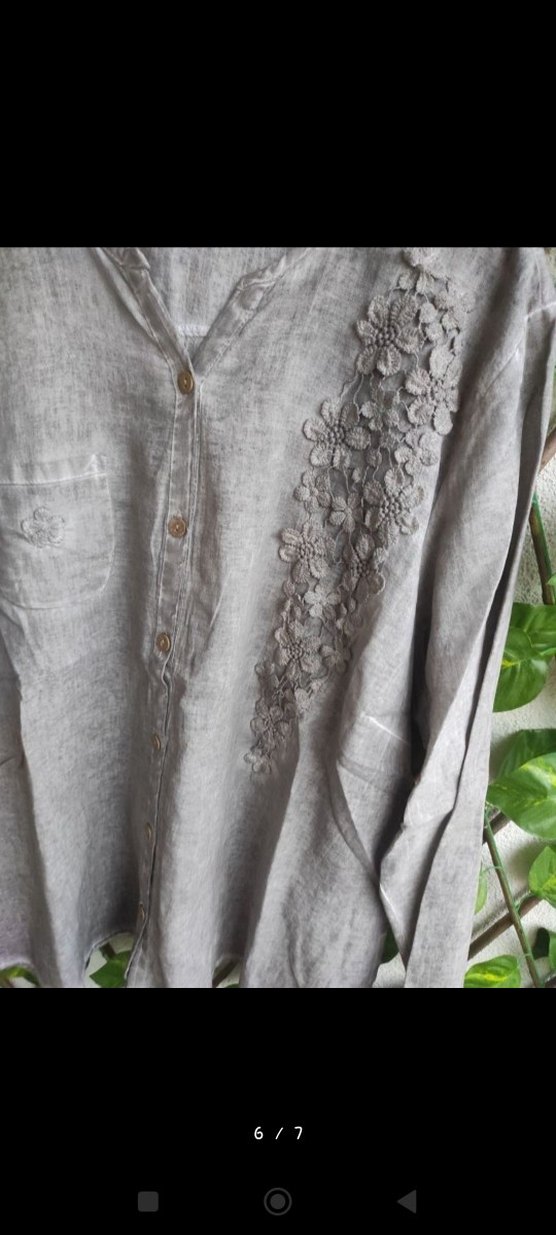 Nakışlı V Yaka Düğmeli Keten Gömlek - Görsel 5