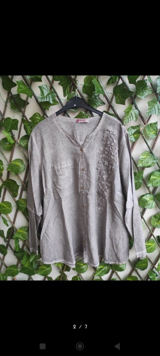 Nakışlı V Yaka Düğmeli Keten Gömlek - Görsel 2