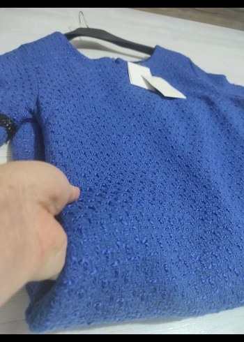 Parlak Mavi Mini Kadın Günlük Elbise-tuvid kumaş - Görsel 4