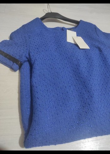 Parlak Mavi Mini Kadın Günlük Elbise-tuvid kumaş - Görsel 7