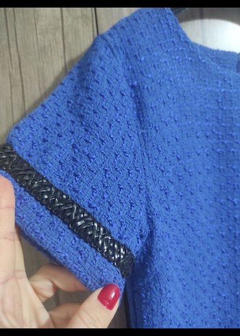 Parlak Mavi Mini Kadın Günlük Elbise-tuvid kumaş - Görsel 3