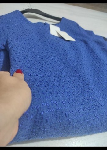 Parlak Mavi Mini Kadın Günlük Elbise-tuvid kumaş - Görsel 8