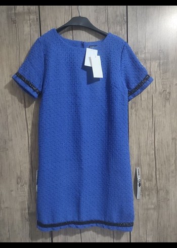 Parlak Mavi Mini Kadın Günlük Elbise-tuvid kumaş - Görsel 6