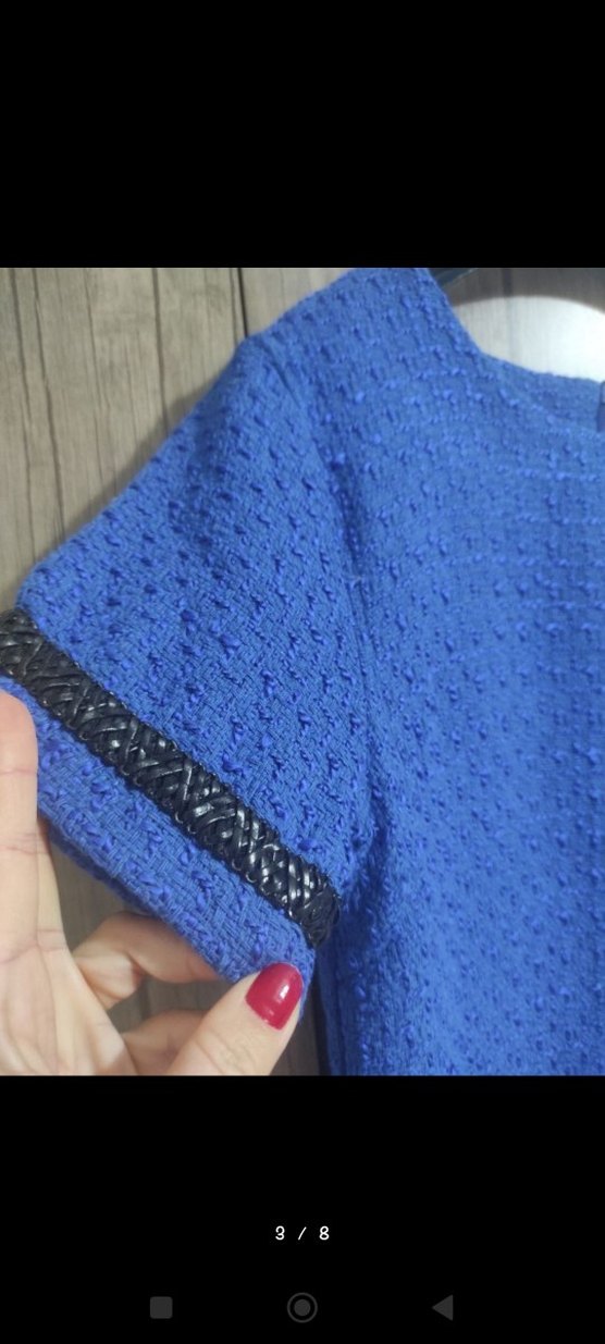 Parlak Mavi Mini Kadın Günlük Elbise-tuvid kumaş - Görsel 3