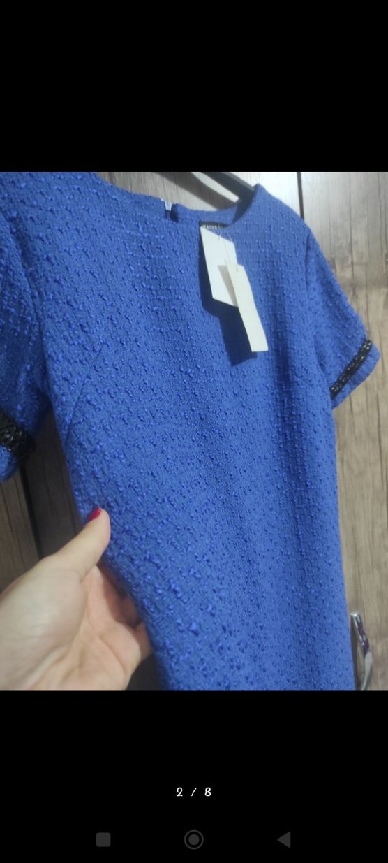 Parlak Mavi Mini Kadın Günlük Elbise-tuvid kumaş - Görsel 2