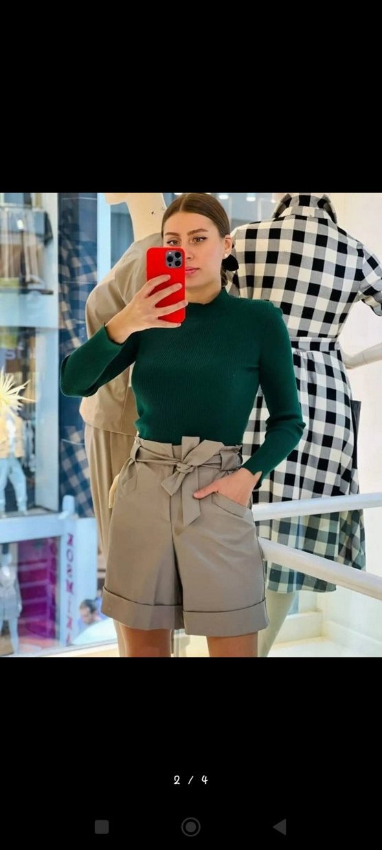 Kadın Bej Kemerli Yüksek Bel deri Şort - Görsel 2