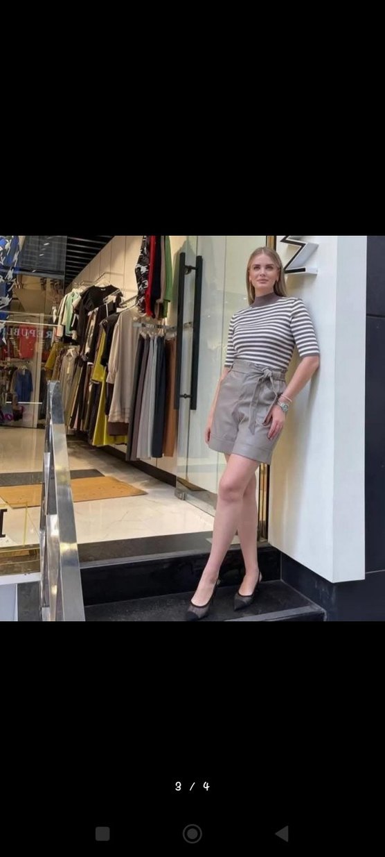 Kadın Bej Kemerli Yüksek Bel deri Şort - Görsel 3