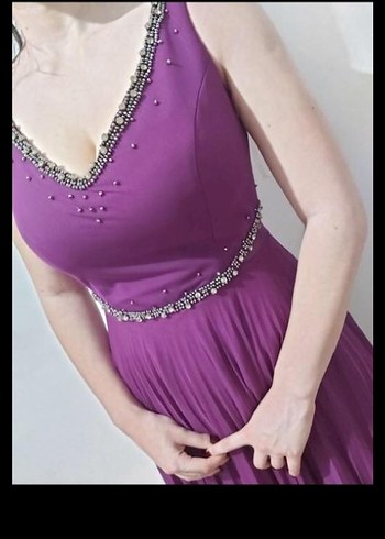 Mor V Yaka Uzun Abiye Elbise - Görsel 2