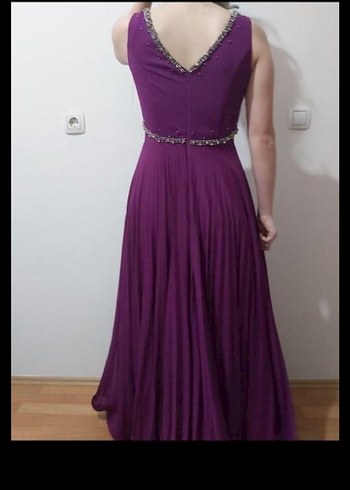 Mor V Yaka Uzun Abiye Elbise - Görsel 3