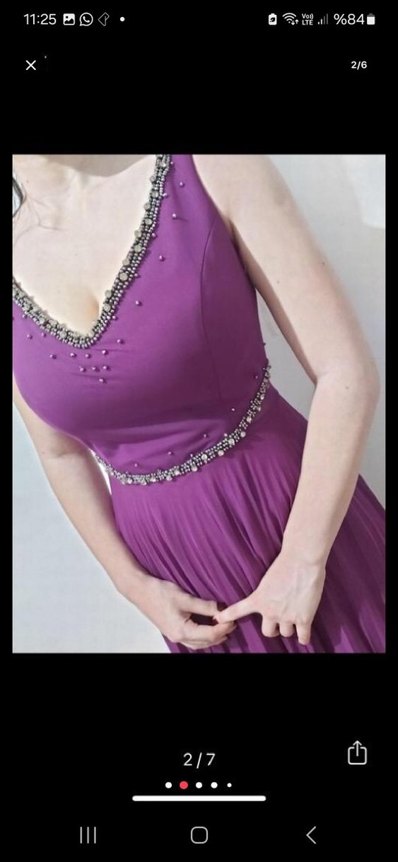 Mor V Yaka Uzun Abiye Elbise - Görsel 2