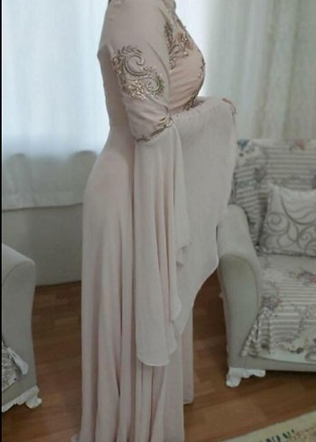 Bej Nakışlı Uzun Kollu Kadın Abiye Elbise - Görsel 3