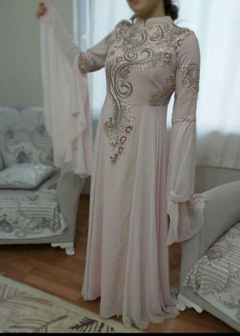 Bej Nakışlı Uzun Kollu Kadın Abiye Elbise - Görsel 4