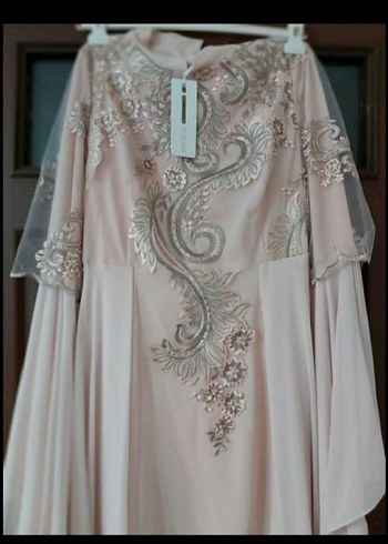 Bej Nakışlı Uzun Kollu Kadın Abiye Elbise - Görsel 2