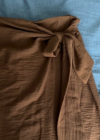 Drapeli Kahverengi Midi Keten Etek - Görsel 2