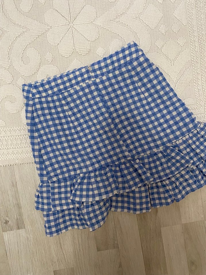 Mavi Kareli Fırfırlı Midi Kadın Etek - Görsel 2