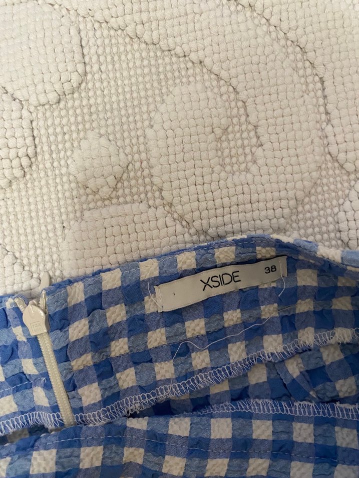 Mavi Kareli Fırfırlı Midi Kadın Etek - Görsel 3