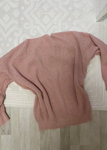 Pembe V Yaka Örgü Kadın Kazak düşük yaka - Görsel 2