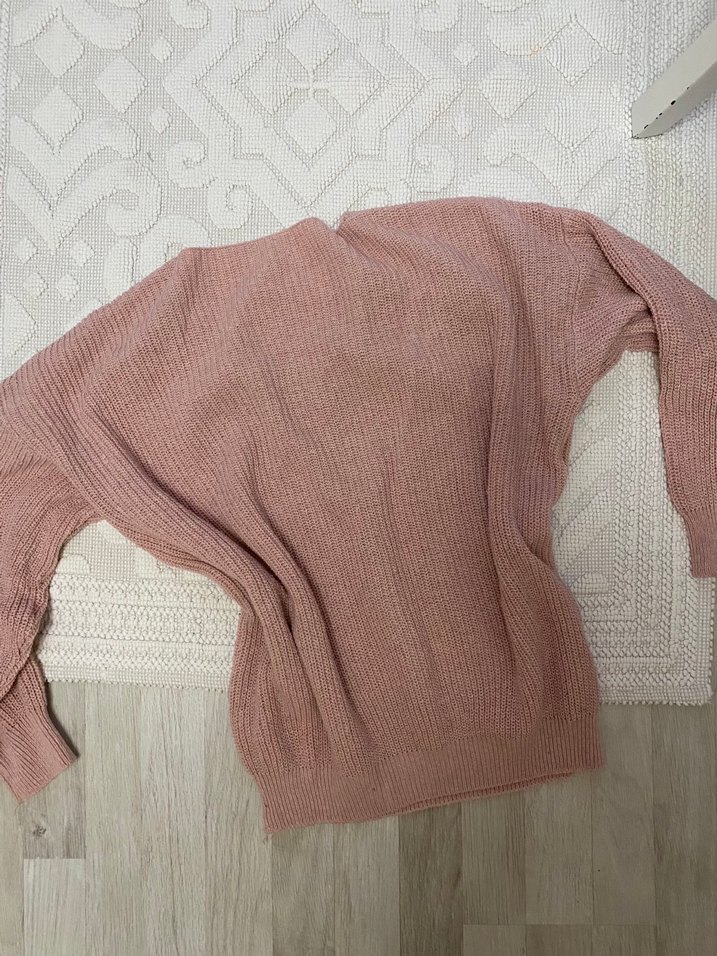 Pembe V Yaka Örgü Kadın Kazak düşük yaka - Görsel 2