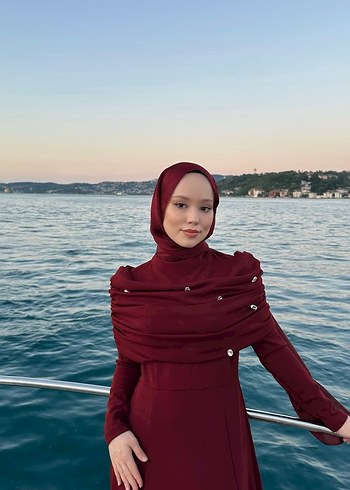 38 Beden bordo Renk Bordo Drapeli Uzun Kollu Abiye Elbise