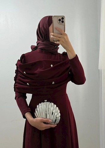 38 Beden Bordo Drapeli Uzun Kollu Abiye Elbise