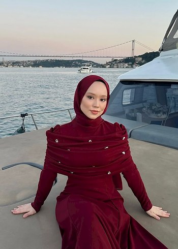 Abiye Bordo Drapeli Uzun Kollu Abiye Elbise