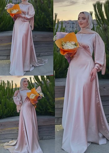 Pembe Drapeli Uzun Kollu Abiye Elbise