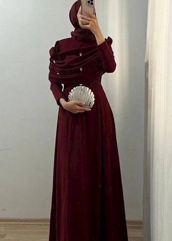 Bordo Drapeli Uzun Abiye Elbise