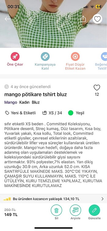 xs Beden yeşil Renk mango potikare bluz