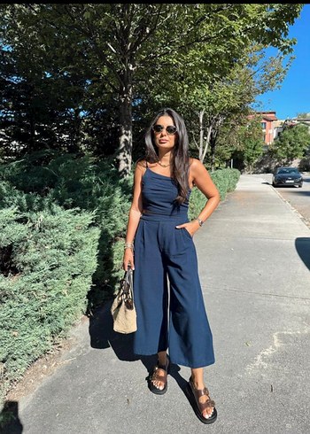 Lacivert geniş paça pantolon-crop takım