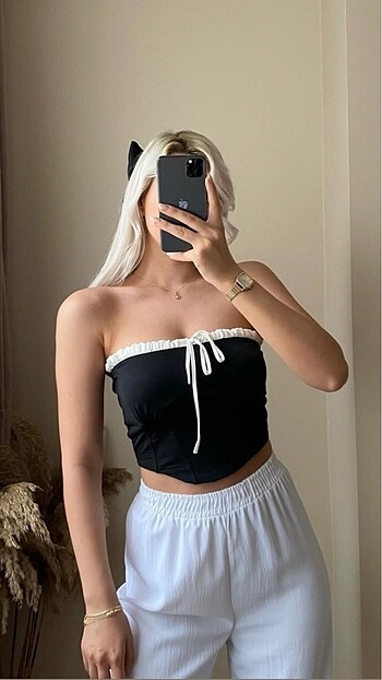 Trendyol & Milla Önü bağlamalı gri şeritli crop