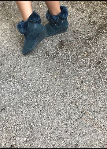 39 Beden Mavi Süet Kadın Bot, Kürklü, Kalın Topuklu