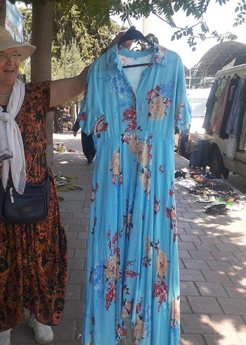 Rahat Kesim V Yaka Turkuaz Uzun Elbise