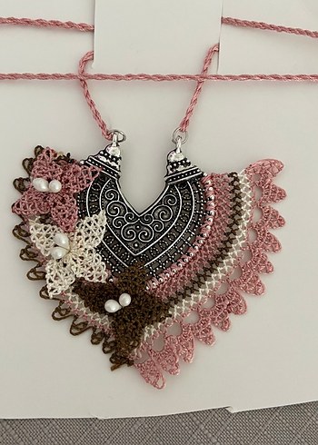 Dantel İşlemeli Uzun Pembe Bohem Kolye - Görsel 3