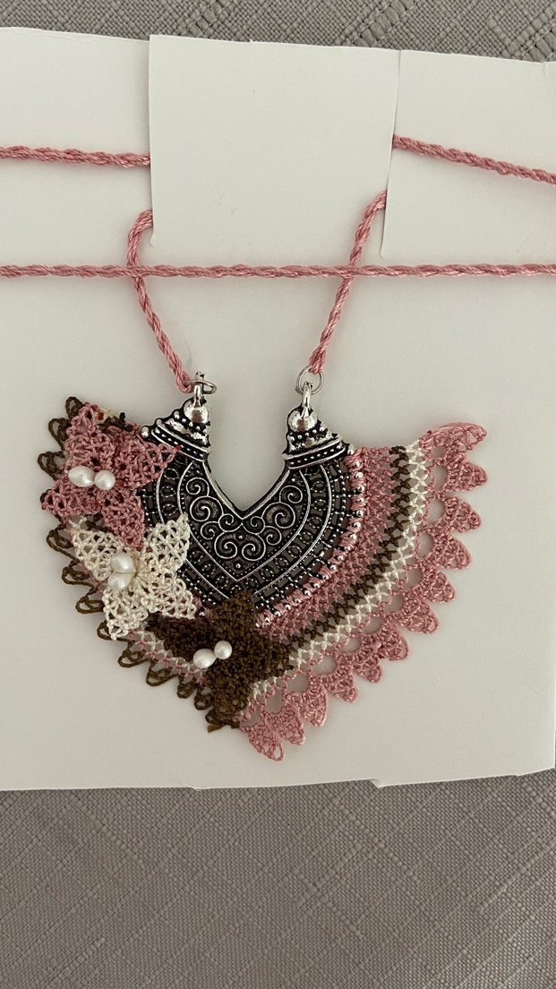 Dantel İşlemeli Uzun Pembe Bohem Kolye - Görsel 2