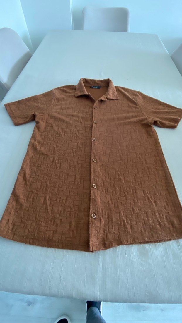 Taba rengi kısa kollu Slim fit erkek gömleği - Görsel 5