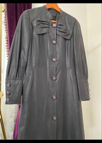 Düğmeli Siyah Uzun deri  Kadın Kaban - Görsel 3