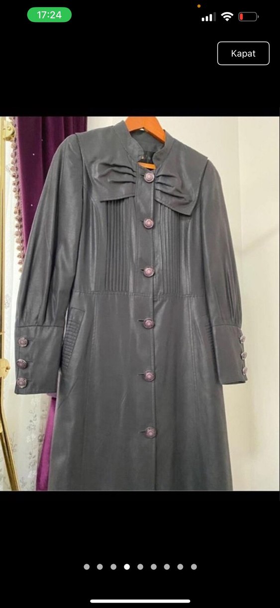 Düğmeli Siyah Uzun deri  Kadın Kaban - Görsel 3