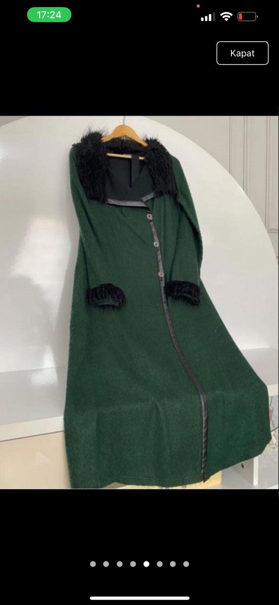 Kürk Detaylı Yeşil Kadın Uzun Kaban - Görsel 5