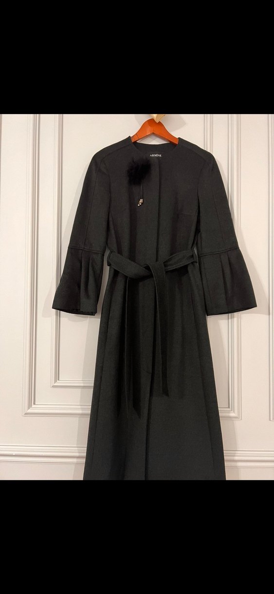 Kemerli gri kaşe Kaban, İspanyol Kol Detaylı - Görsel 2